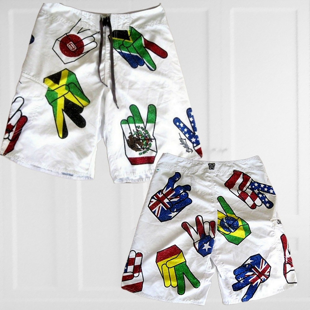 Billabong board shorts peace sign hands retro